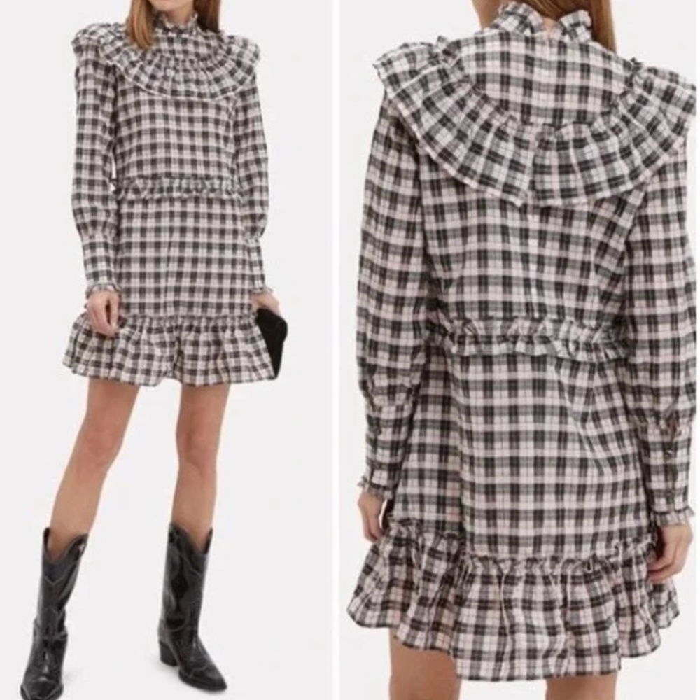 GANNI Charron Pink Check Plaid Seersucker Ruffle Mock Neck Mini Dress LARGE